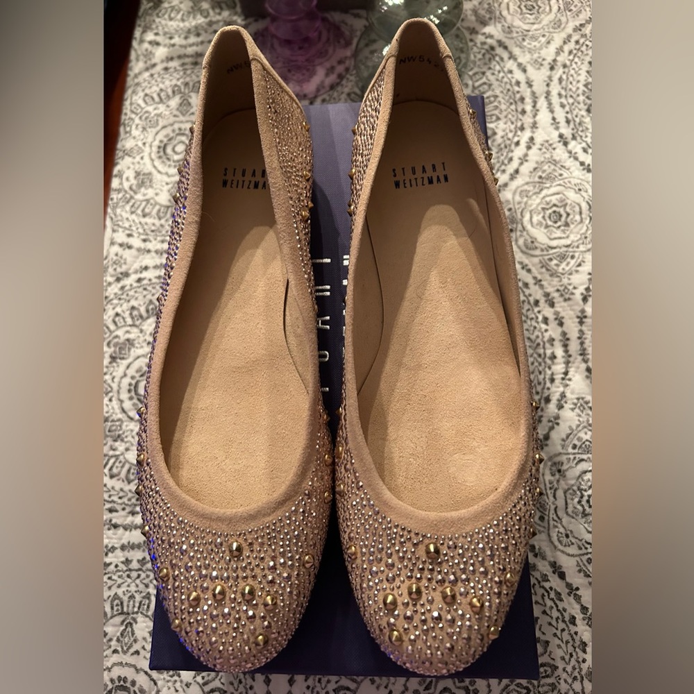 BRAND NEW never worn Stuart Weitzman Suede Crystal Embellishments Flats